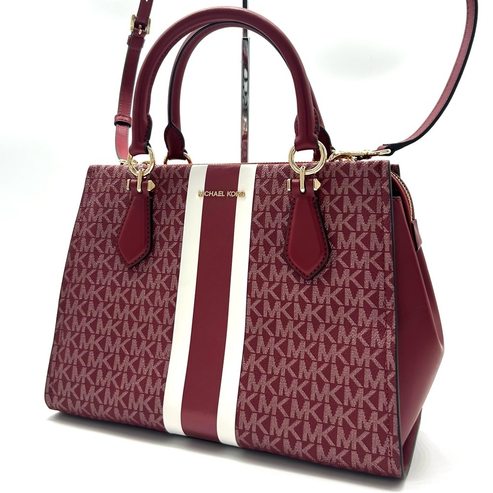 Michael Kors Marilyn Medium Signature Logo Stripe Satchel Bag Cherry - Picture 2 of 10